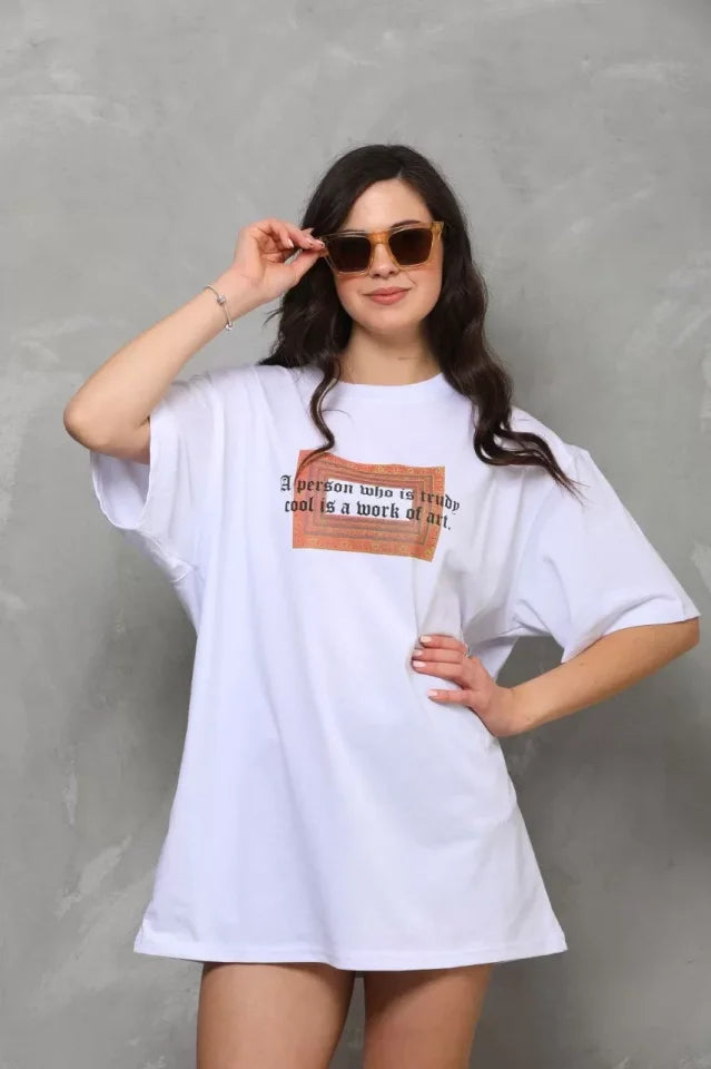 Unisex Bisiklet Yaka Baskılı Oversize T-Shirt - Beyaz (112556)