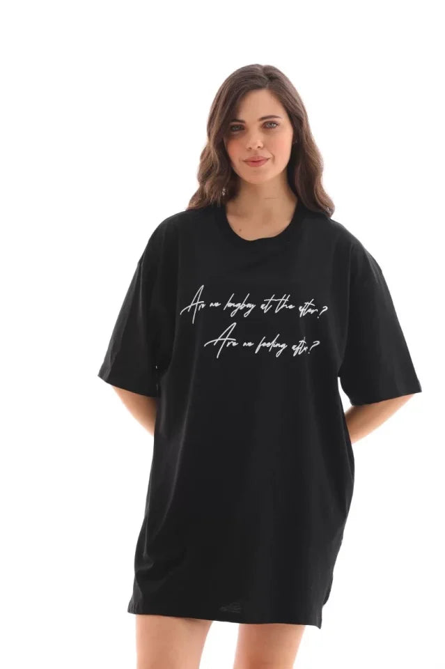 Unisex Bisiklet Yaka Baskılı Oversize T-Shirt - Siyah (112557)