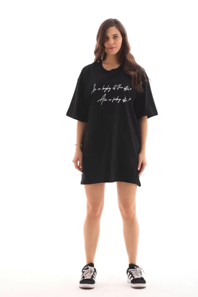 Unisex Bisiklet Yaka Baskılı Oversize T-Shirt - Siyah (112557)