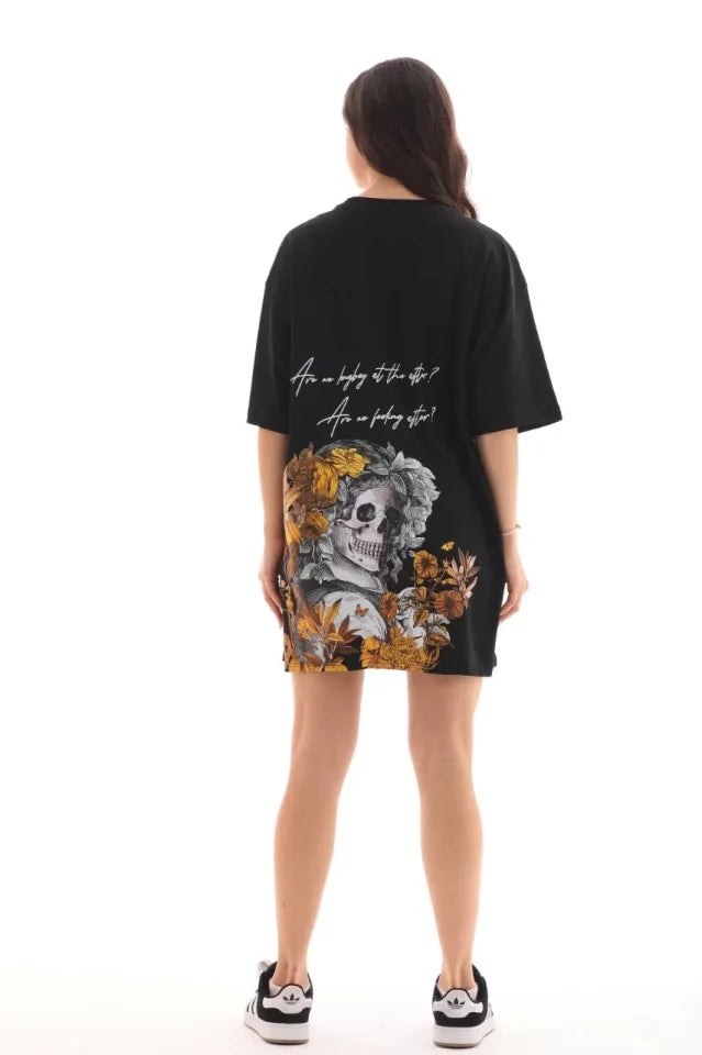 Unisex Bisiklet Yaka Baskılı Oversize T-Shirt - Siyah (112557)