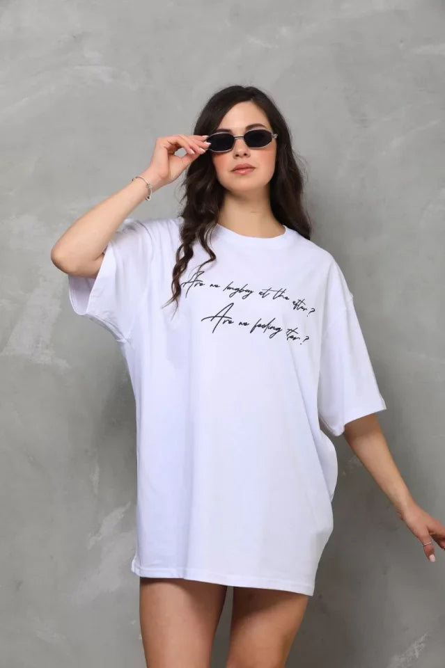 Unisex Bisiklet Yaka Baskılı Oversize T-Shirt - Beyaz (112558)