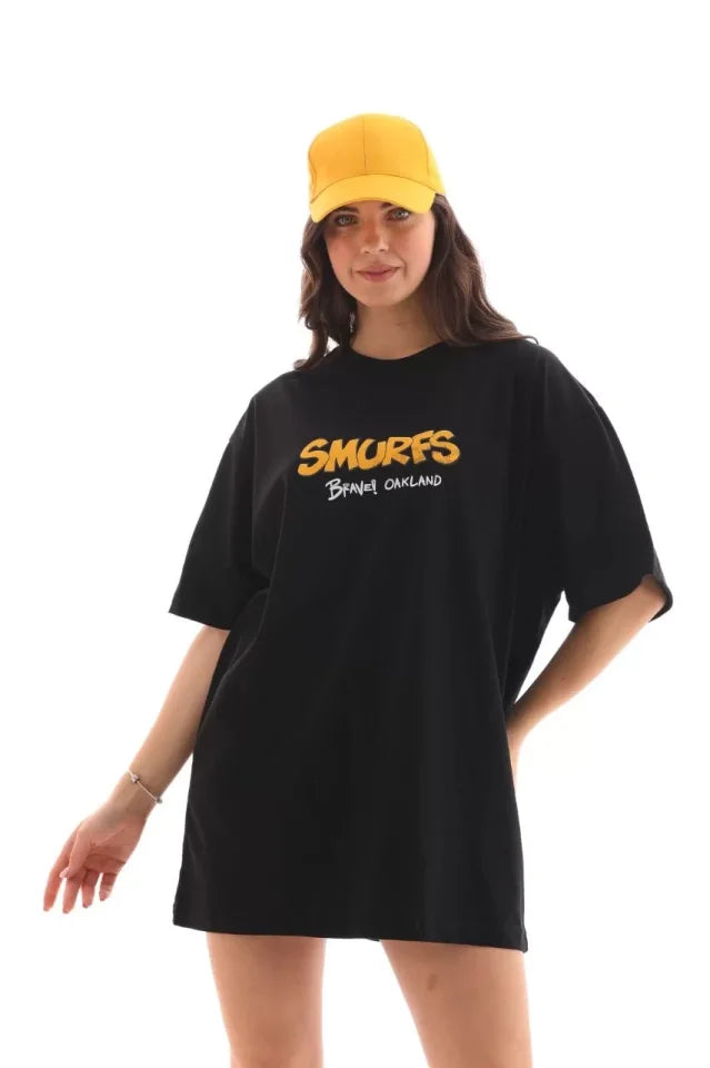 Unisex Bisiklet Yaka Baskılı Oversize T-Shirt - Siyah (112559)