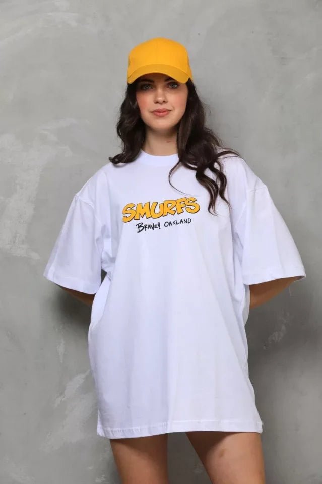 Unisex Bisiklet Yaka Baskılı Oversize T-Shirt - Beyaz (112560)