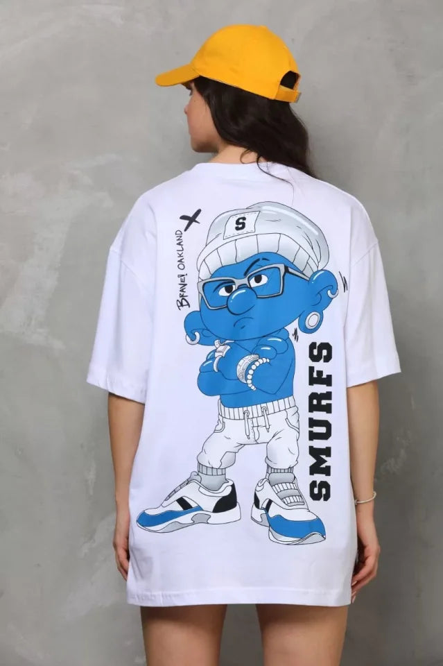 Unisex Bisiklet Yaka Baskılı Oversize T-Shirt - Beyaz (112560)
