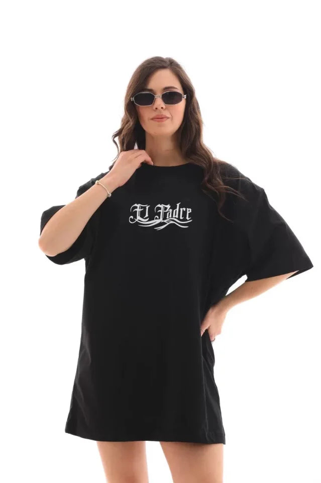 Unisex Bisiklet Yaka Baskılı Oversize T-Shirt - Siyah (112561)