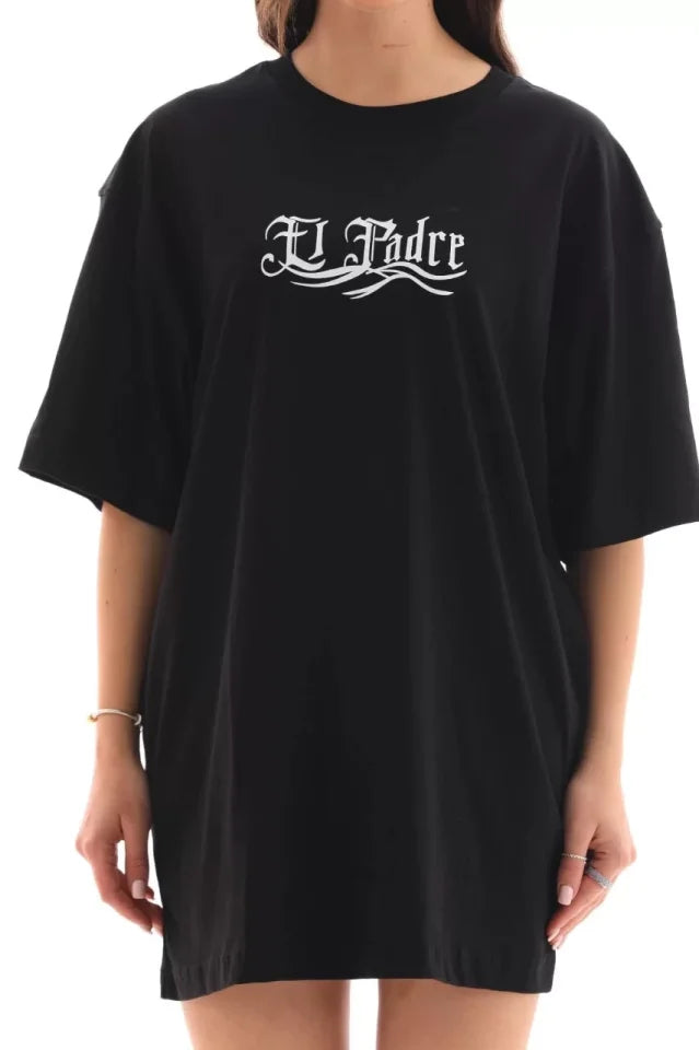 Unisex Bisiklet Yaka Baskılı Oversize T-Shirt - Siyah (112561)