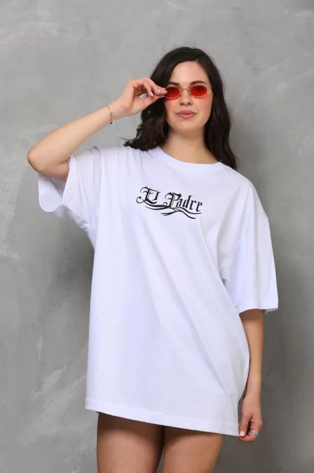 Unisex Bisiklet Yaka Baskılı Oversize T-Shirt - Beyaz (112562)