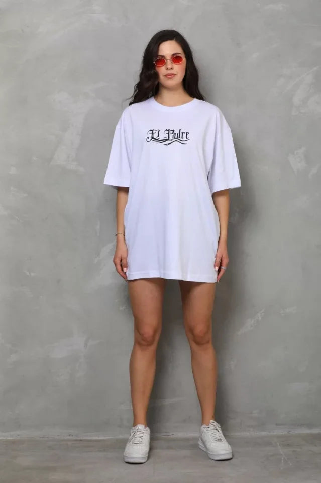 Unisex Bisiklet Yaka Baskılı Oversize T-Shirt - Beyaz (112562)
