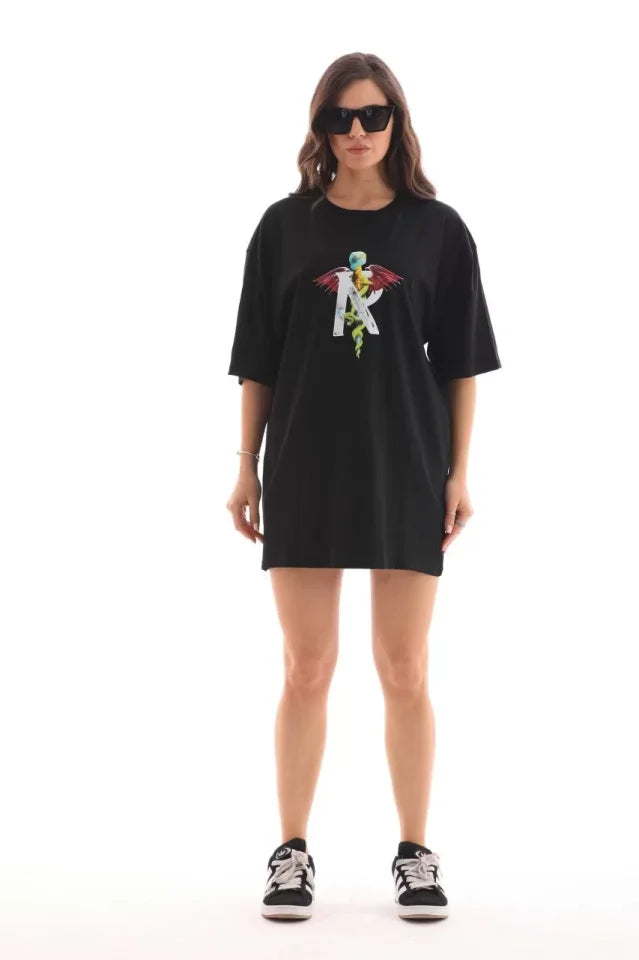 Unisex Bisiklet Yaka Baskılı Oversize T-Shirt - Siyah (112563)