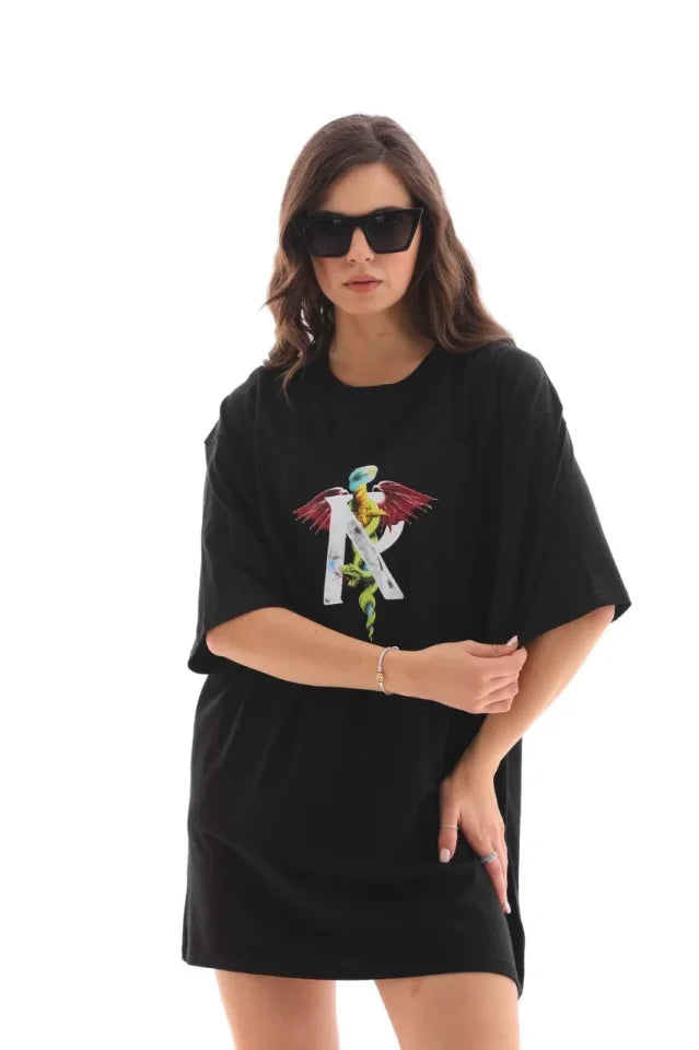 Unisex Bisiklet Yaka Baskılı Oversize T-Shirt - Siyah (112563)