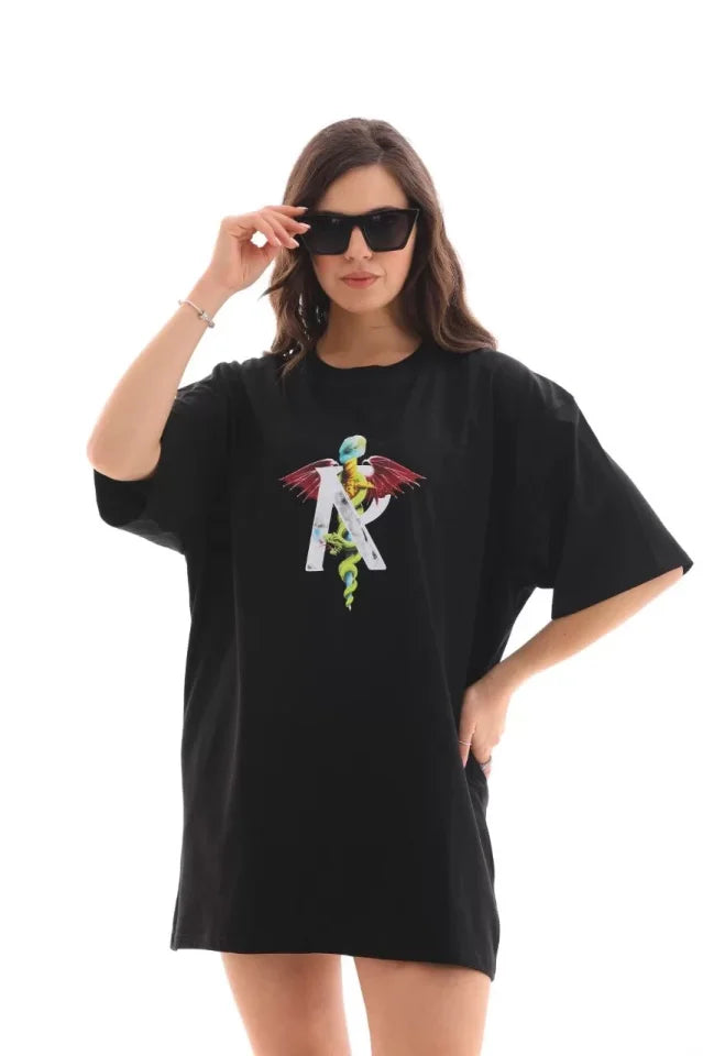 Unisex Bisiklet Yaka Baskılı Oversize T-Shirt - Siyah (112563)