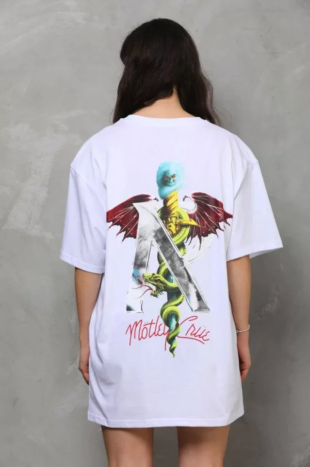 Unisex Bisiklet Yaka Baskılı Oversize T-Shirt - Beyaz (112564)