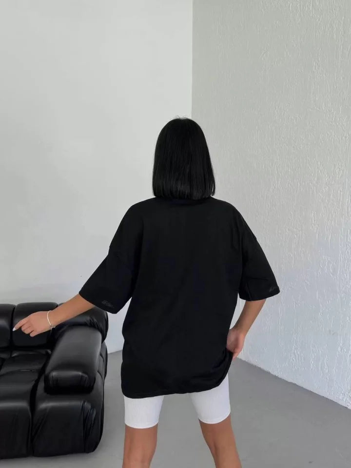 Unisex Bisiklet Yaka Baskılı Oversize T-Shirt - Beyaz (117947)
