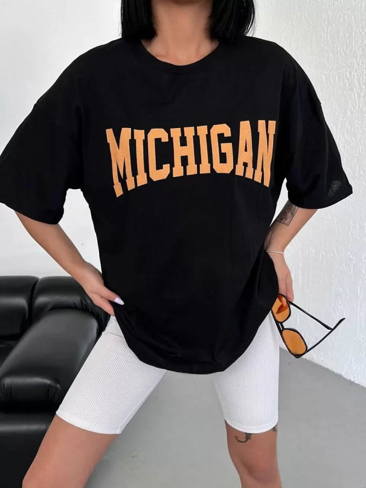 Unisex Bisiklet Yaka Baskılı Oversize T-Shirt - Beyaz (117947)