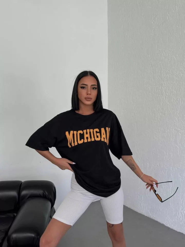 Unisex Bisiklet Yaka Baskılı Oversize T-Shirt - Beyaz (117947)