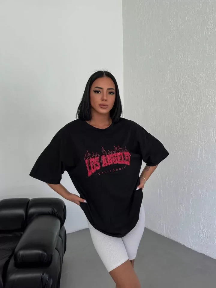 Unisex Bisiklet Yaka Baskılı Oversize T-Shirt - Siyah (117948)