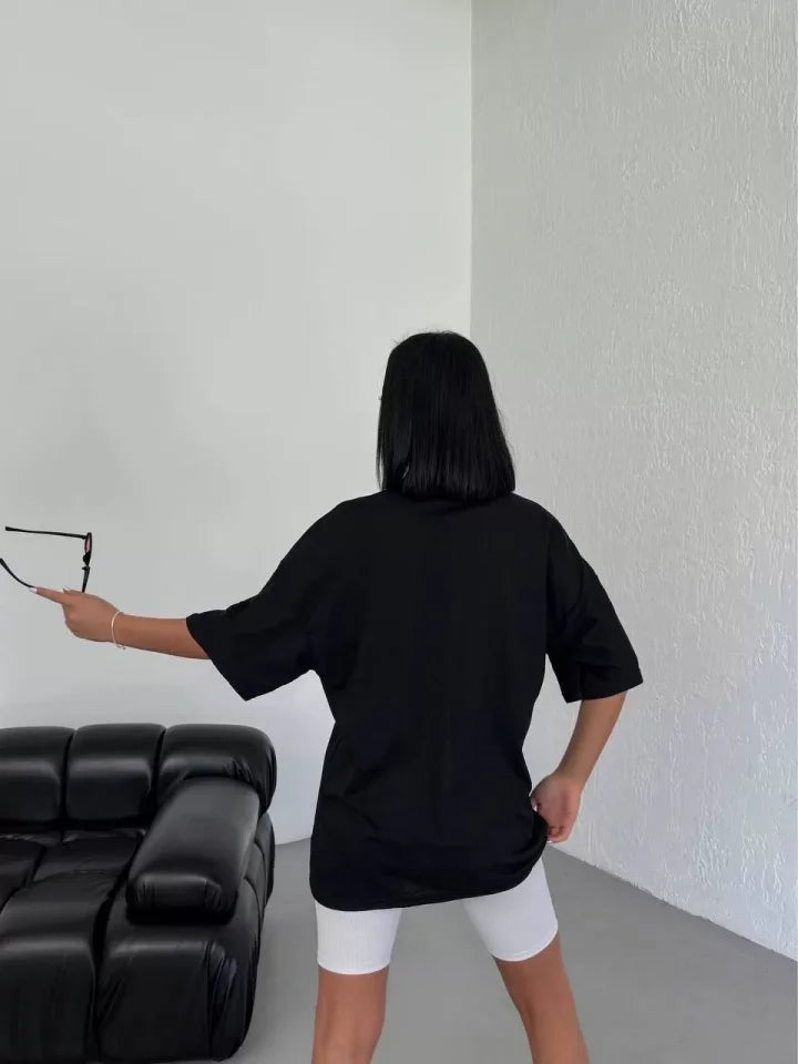 Unisex Bisiklet Yaka Baskılı Oversize T-Shirt - Siyah (117948)