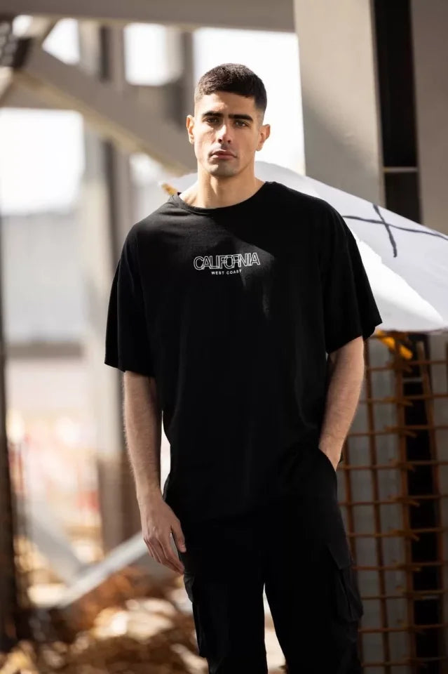 Unisex Bisiklet Yaka Baskılı Oversize T-Shirt - Siyah (117951)