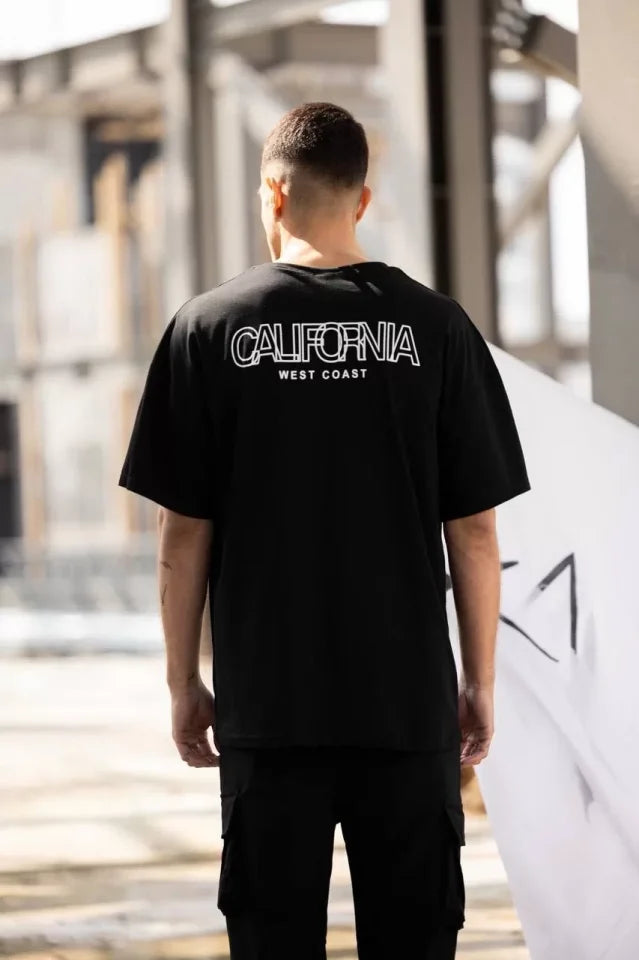 Unisex Bisiklet Yaka Baskılı Oversize T-Shirt - Siyah (117951)