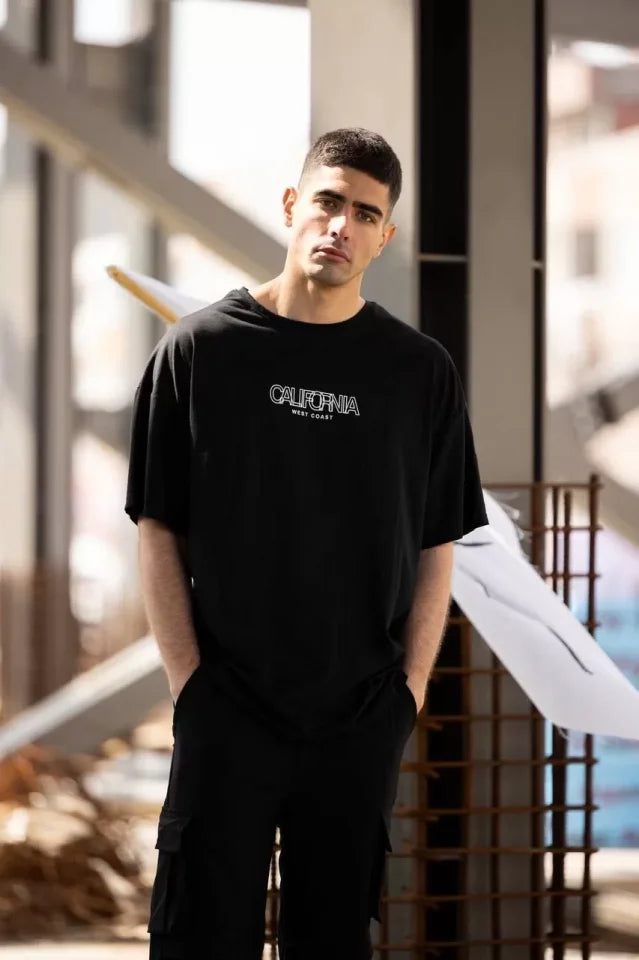 Unisex Bisiklet Yaka Baskılı Oversize T-Shirt - Siyah (117951)