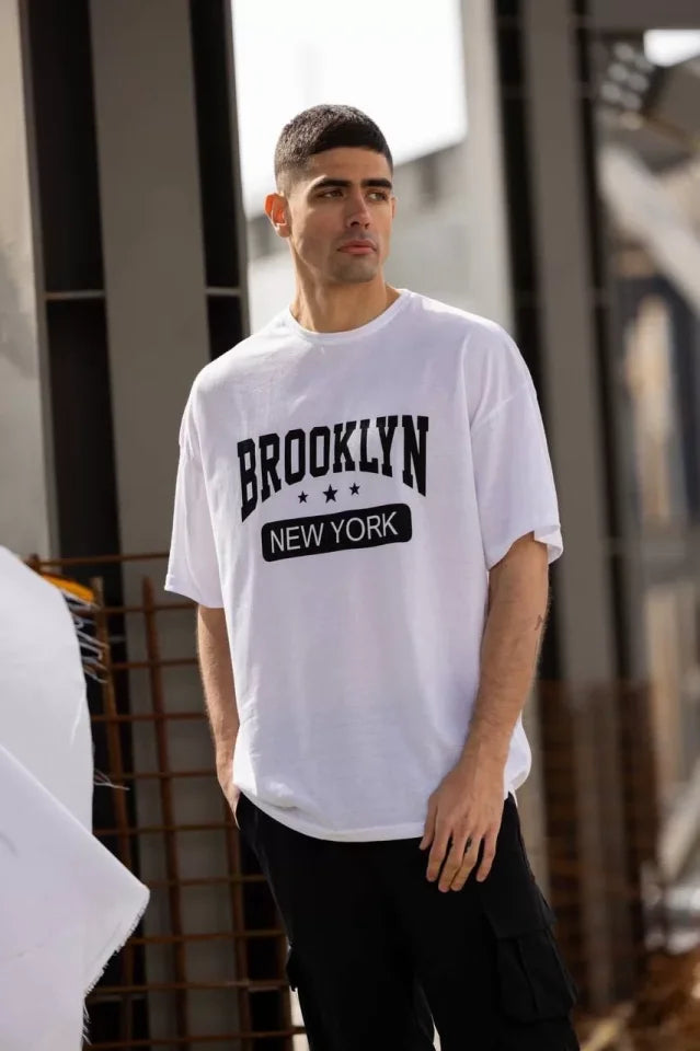 Unisex Bisiklet Yaka Baskılı Oversize T-Shirt - Beyaz (117957)