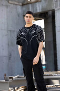 Unisex Bisiklet Yaka Baskılı Oversize T-Shirt - Siyah (117958)