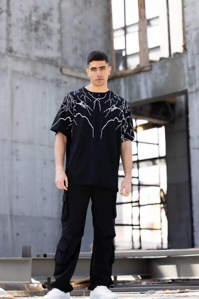 Unisex Bisiklet Yaka Baskılı Oversize T-Shirt - Siyah (117958)