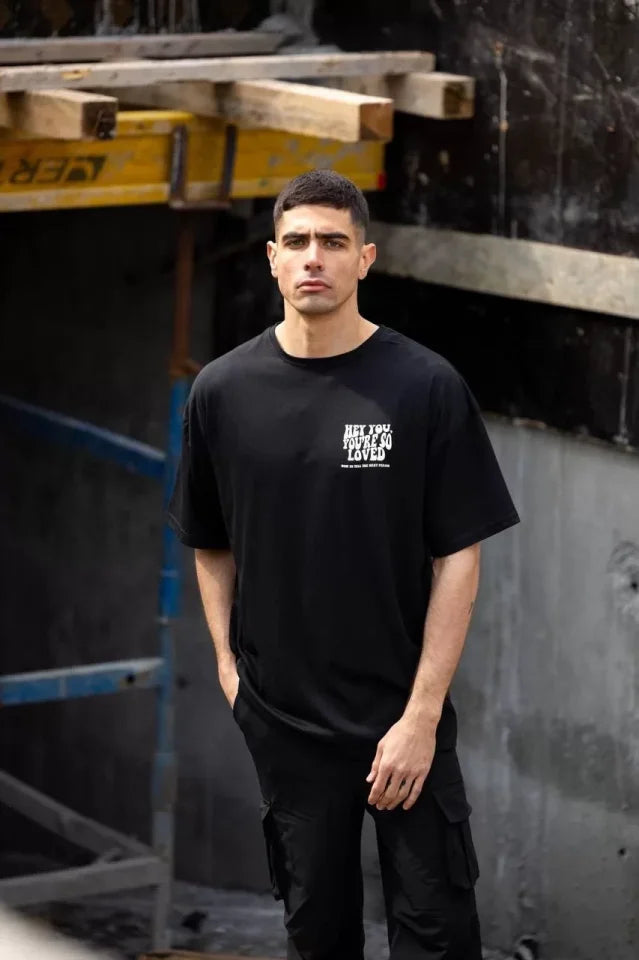 Unisex Bisiklet Yaka Baskılı Oversize T-Shirt - Siyah (117961)