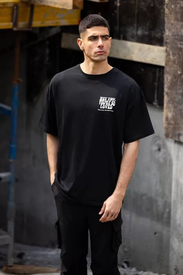 Unisex Bisiklet Yaka Baskılı Oversize T-Shirt - Siyah (117961)