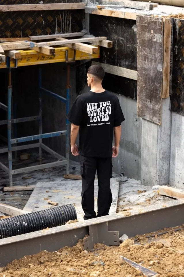 Unisex Bisiklet Yaka Baskılı Oversize T-Shirt - Siyah (117961)