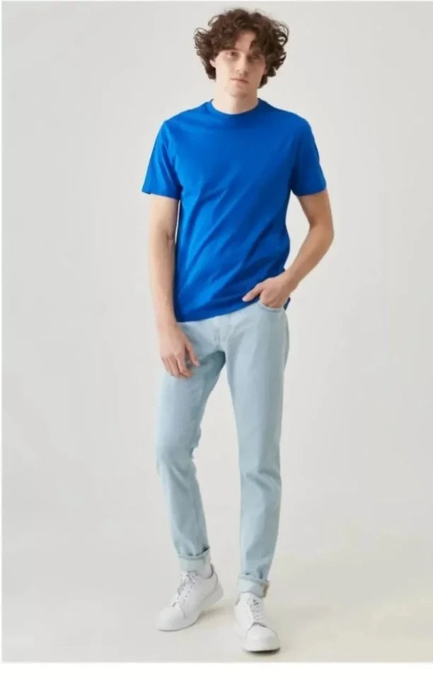 Unisex Düz Biskilet Yaka Oversize T-shirt - Mavi (118797)