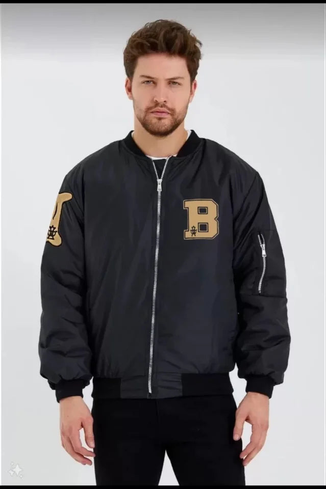 Unisex Uzun Kol Baskılı Bomber Ceket - Siyah (119108)