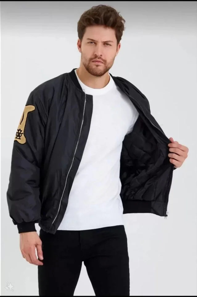 Unisex Uzun Kol Baskılı Bomber Ceket - Siyah (119108)