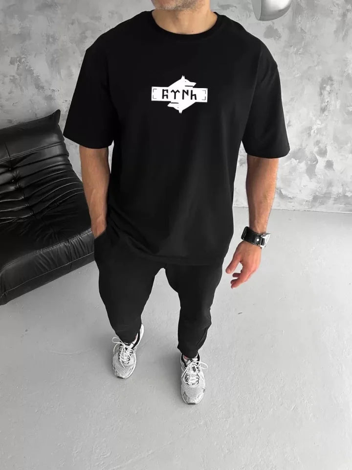 Unisex Bisiklet Yaka Baskılı Double Oversize T-Shirt - Siyah (123490)