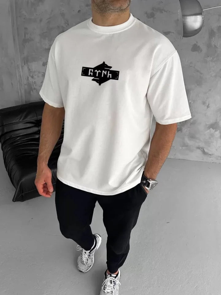 Unisex Bisiklet Yaka Baskılı Double Oversize T-Shirt - Beyaz (123491)