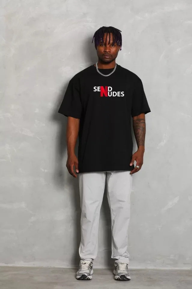 Unisex Bisiklet Yaka Double Oversize Baskılı T-Shirt - Siyah (123921)