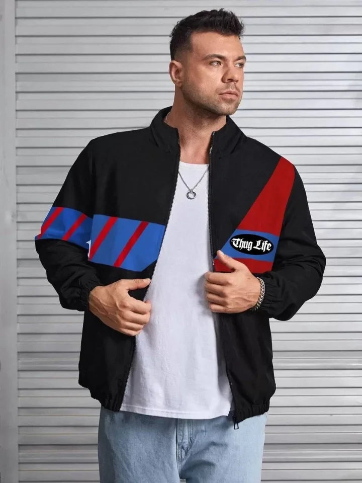 Unisex Uzun Koll Fermuarlı Baskılı Rüzgarlik - Siyah (124166)