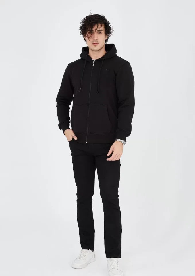 Unisex Tam Fermuarlı Kapşonlu  SweatShirt - Siyah (126812)