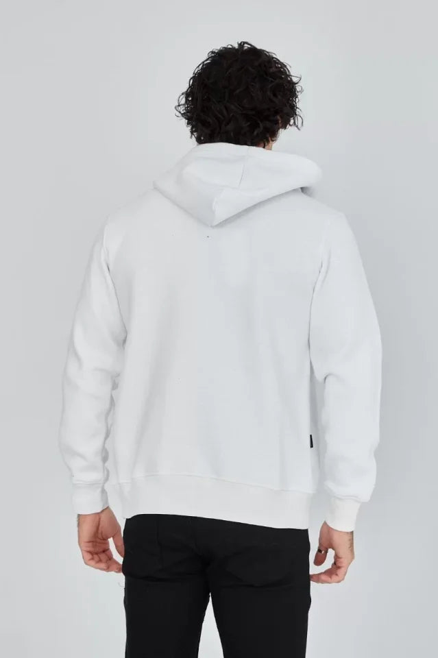 Unisex Tam Fermuarlı Kapşonlu  SweatShirt - Beyaz (126813)
