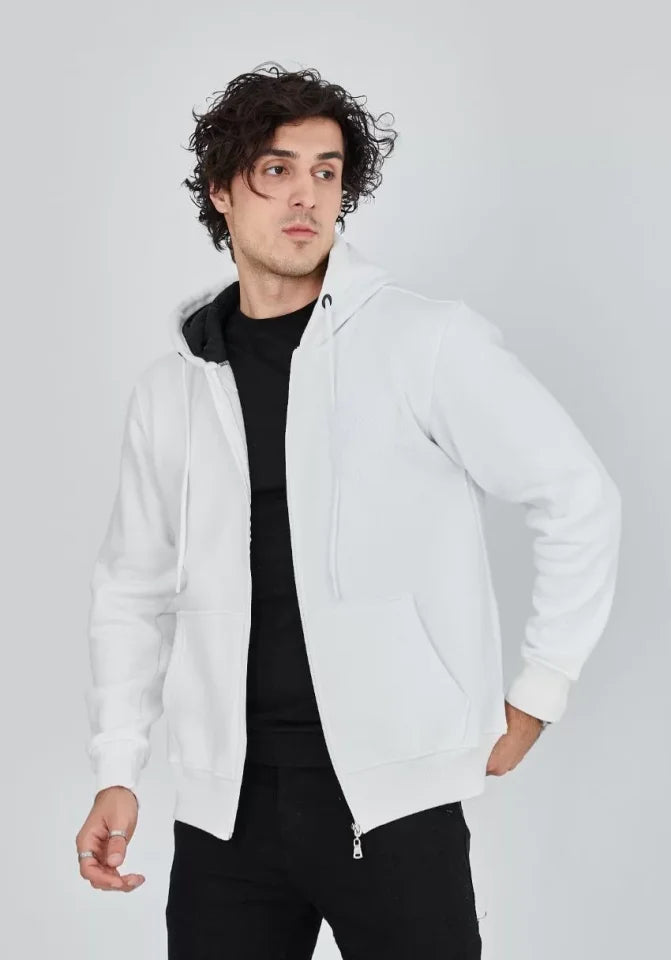 Unisex Tam Fermuarlı Kapşonlu  SweatShirt - Beyaz (126813)
