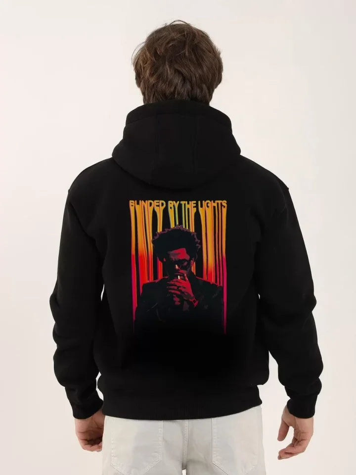 Unisex Baskılı Oversize Üç İplik Kapüşonlu Sweatshirt - Siyah (126986)