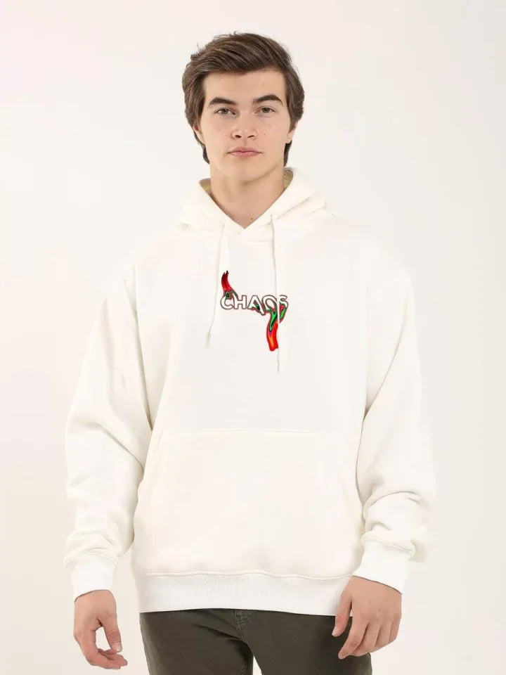 Unisex Baskılı Oversize Üç İplik Kapüşonlu Sweatshirt - Beyaz (126987)