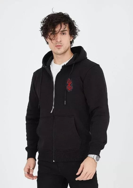 Unisex Baskılı Tam Fermuarlı Kapşonlu SweatShirt - Siyah (127058)