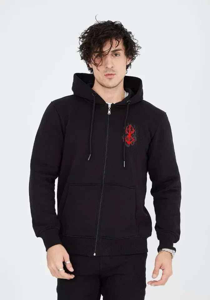 Unisex Baskılı Tam Fermuarlı Kapşonlu SweatShirt - Siyah (127058)