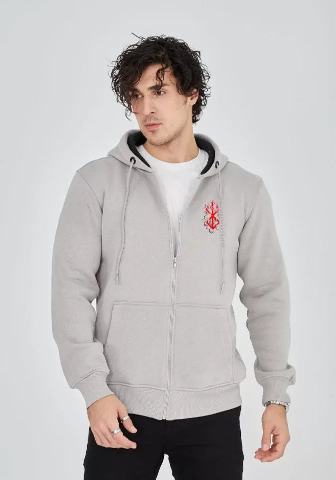 Unisex Baskılı Tam Fermuarlı Kapşonlu SweatShirt - Boyalı Gri (127062)