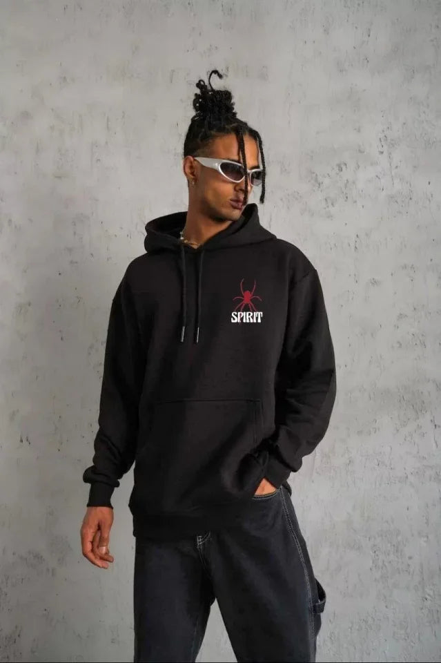 Unisex Kapşonlu Baskılı Sweetshirt - Siyah (127248)