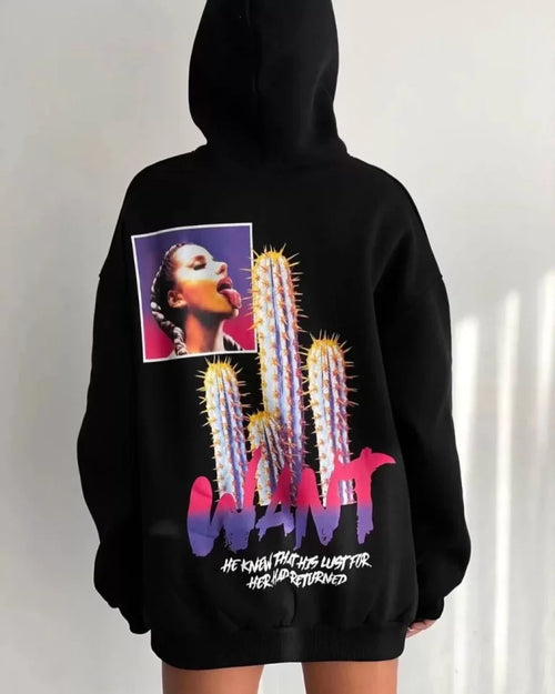 Baskılı Üç İplik Kapüşonlu Oversize Sweatshirt - Siyah (127364)