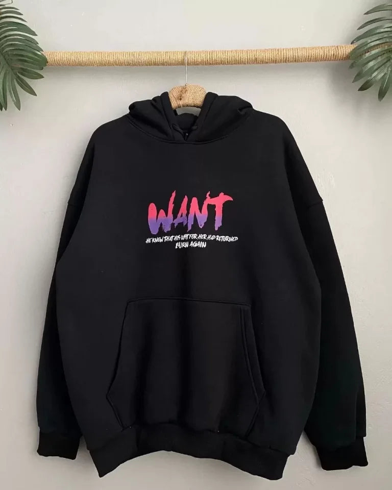 Baskılı Üç İplik Kapüşonlu Oversize Sweatshirt - Siyah (127364)