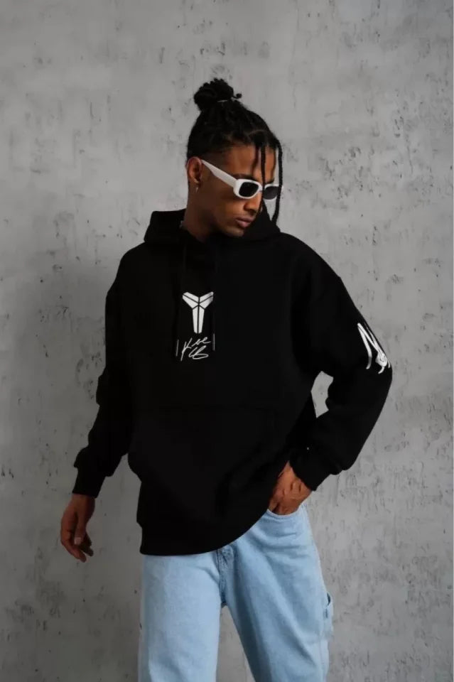Unisex Sırt Baskılı Kapüşonlu Üç İplik Oversize Sweatshirt - Siyah (127365)