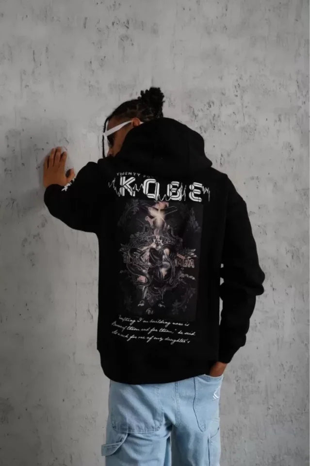 Unisex Sırt Baskılı Kapüşonlu Üç İplik Oversize Sweatshirt - Siyah (127365)